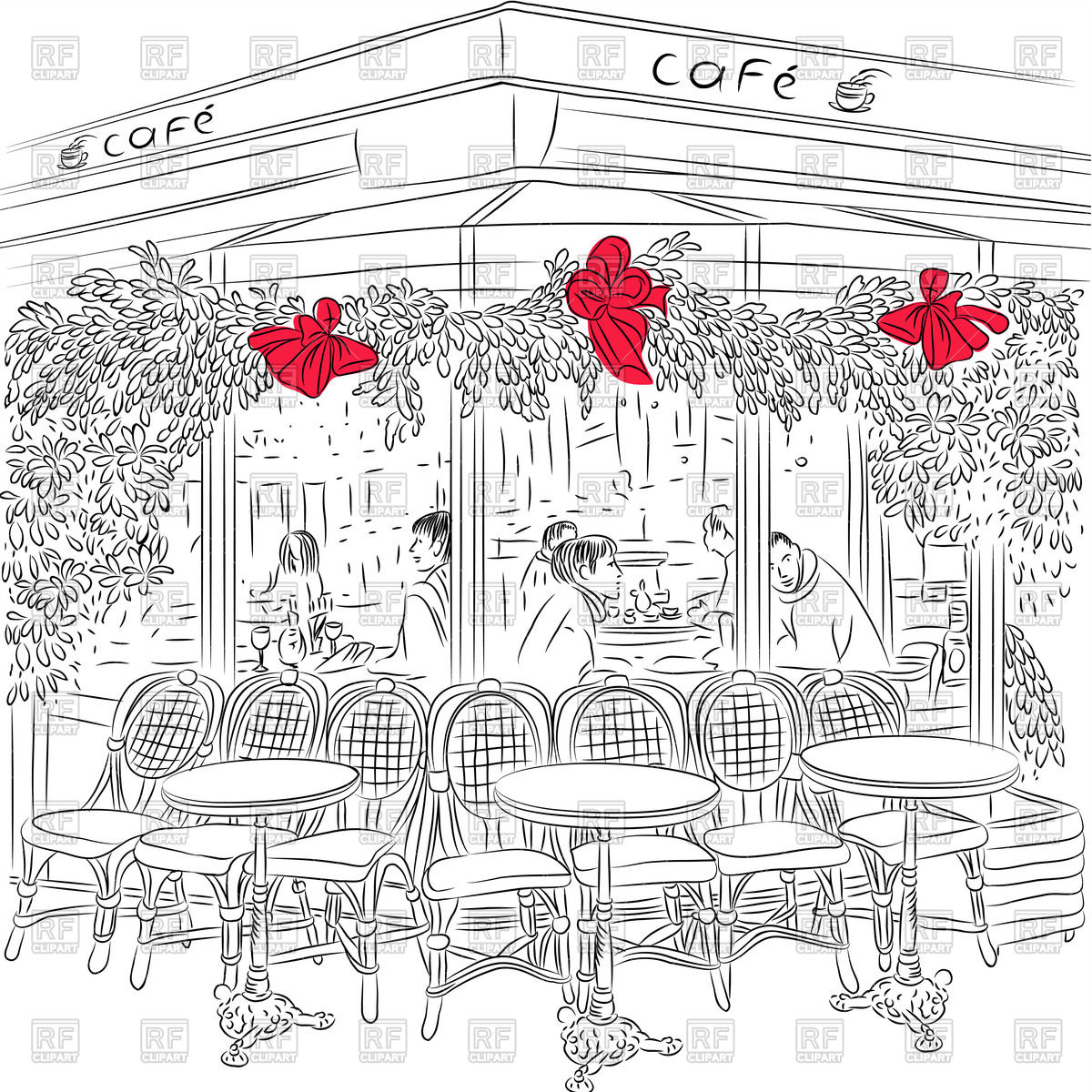 Sketch Of The Exterior Of Parisian Cafe With Christmas Decorations    