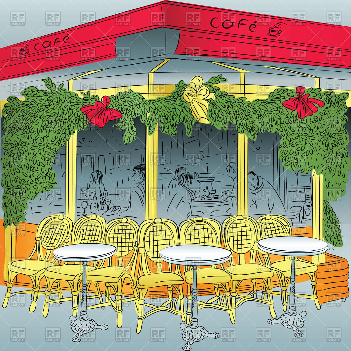 Sketch Of The Parisian Cafe With Christmas Decorations Architecture