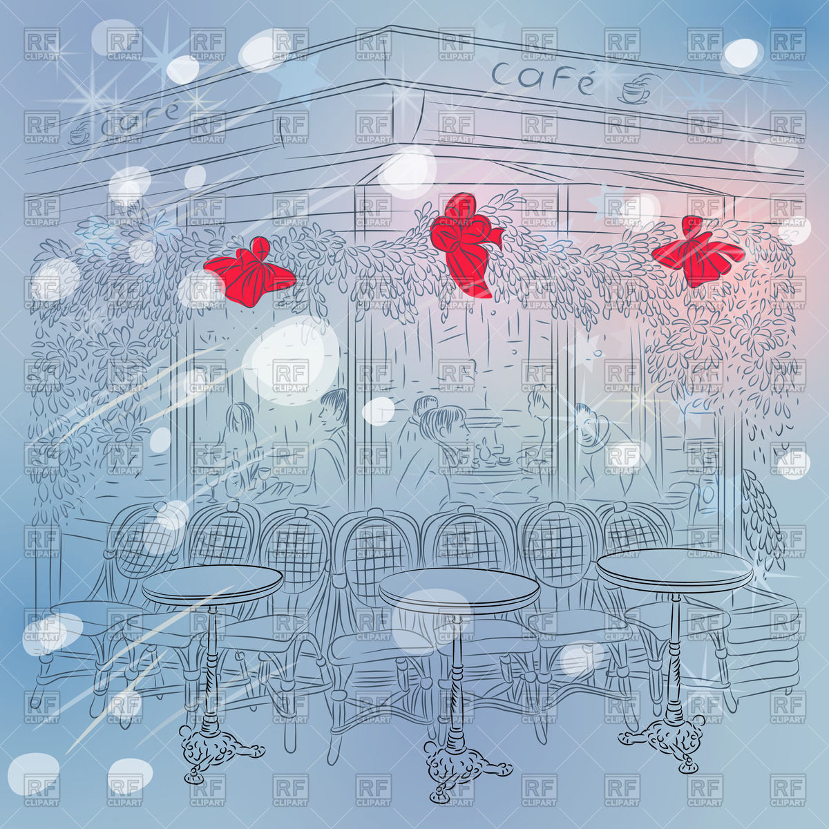 Winter Sketch Of The Parisian Cafe With Christmas Decorations Vector