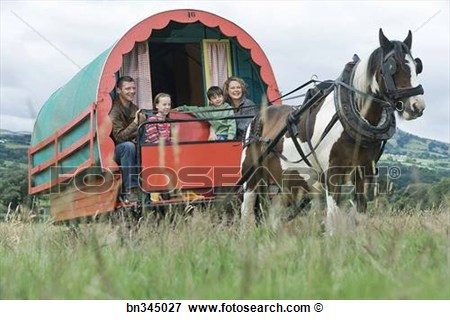Family In Horse Drawn Caravan Wagon In Rural Ireland View Large Photo
