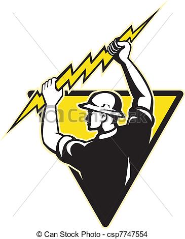 Illustration Of An Electrician Power Lineman Holding Electric Lighting