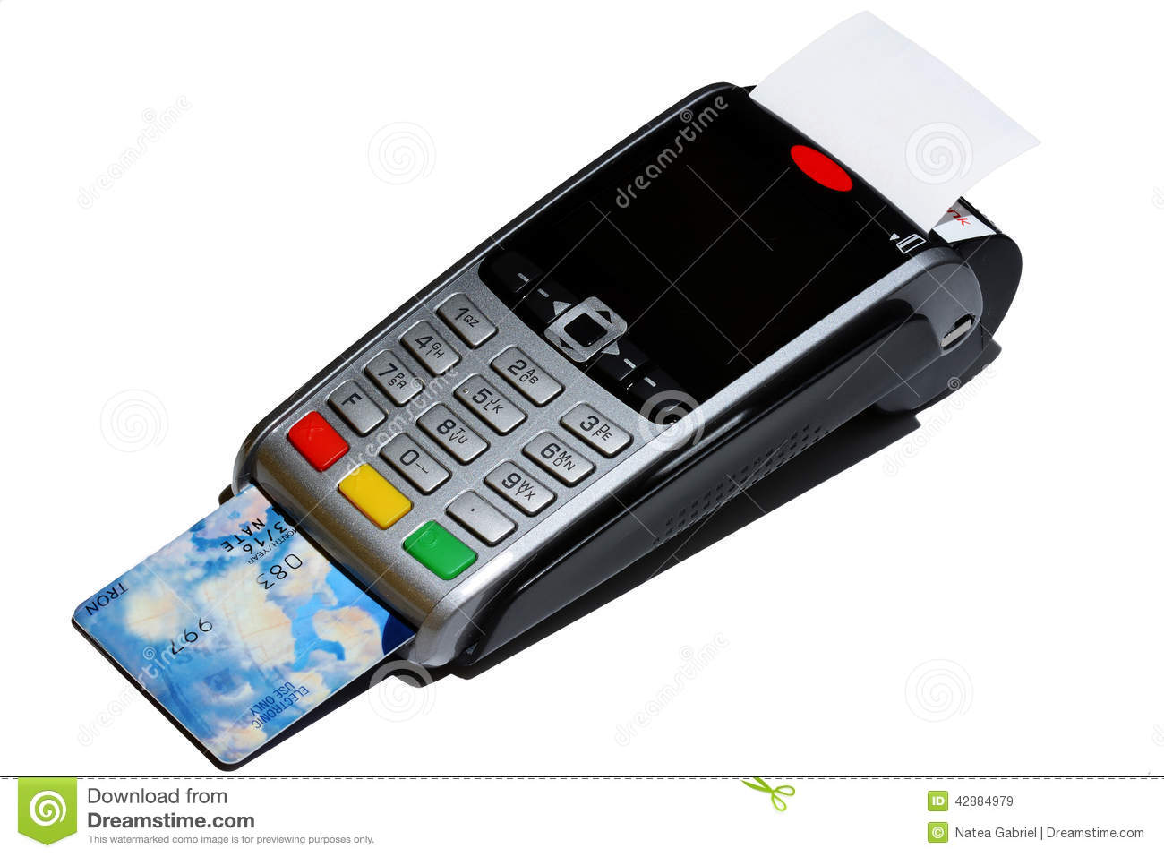 Point Of Sale Electronic Terminal With Credit   Debit Card In The Slot    