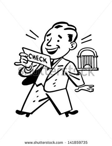 Man Receiving Check   Retro Clip Art Illustration   Stock Vector