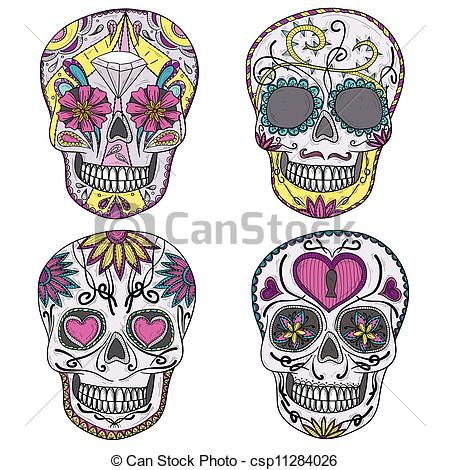 Mexican Skull Set  Colorful Skulls With Flower And Heart Ornamens