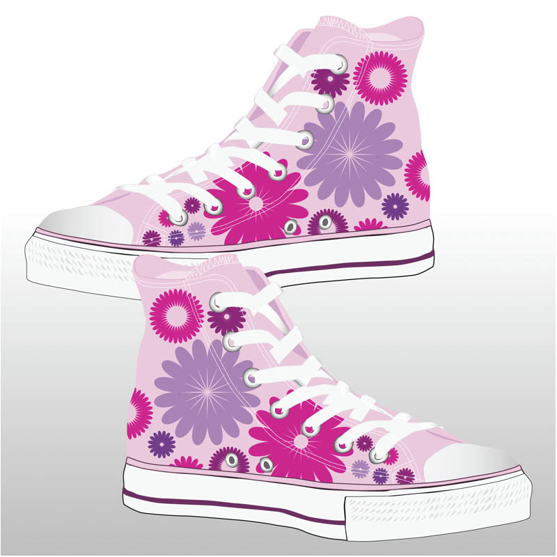 Set Of Pink Vector Sneakers Illustration With Some Flowers  Format