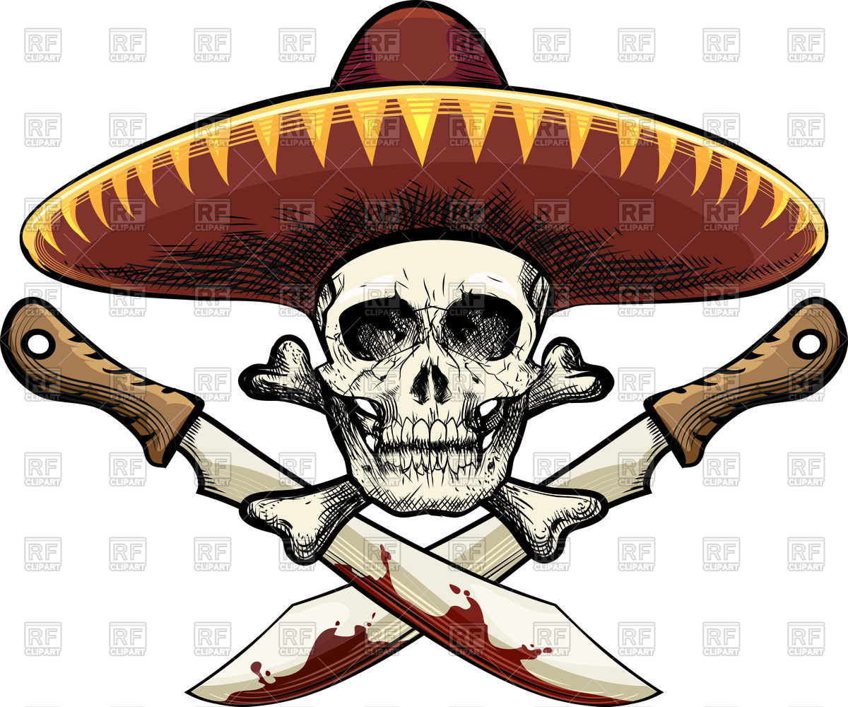 Skull In Mexican Sombrero Against Two Machetes Download Royalty Free