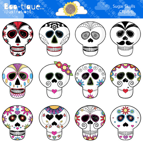 Sugar Skull Digital Clipart  Mexican Day Of The Dead Digital Vector