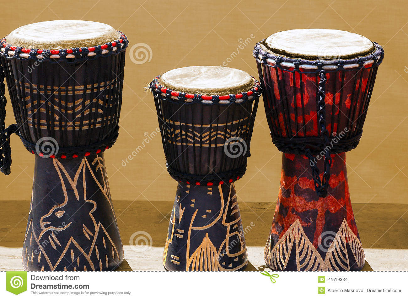 Three Wooden And Decorated African Bongos African Art