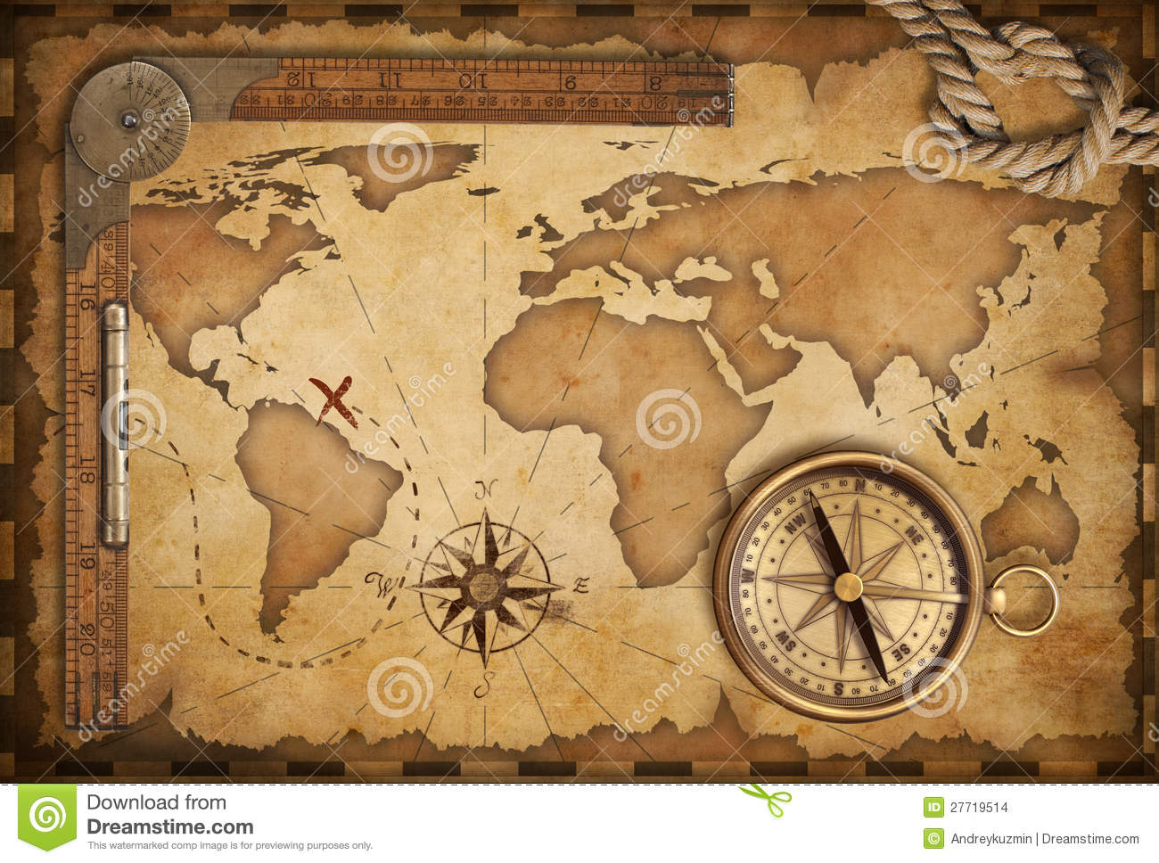 Aged Map Ruler Rope And Old Compass Stock Images   Image  27719514