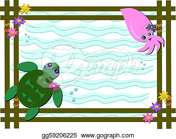 Clip Art Vector   Frame Of Sea Turtle And Baby Squid  Stock Eps