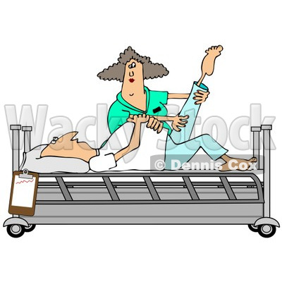 Clipart Of A White Female Nurse Helping A White Male Patient Stretch