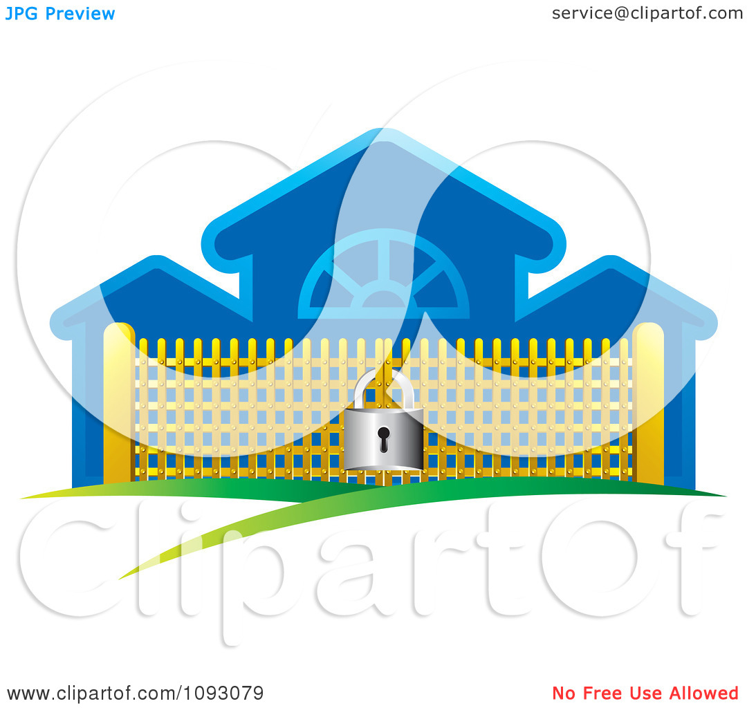 Clipart Padlock Securing A Golden Gate By A Blue Building   Royalty