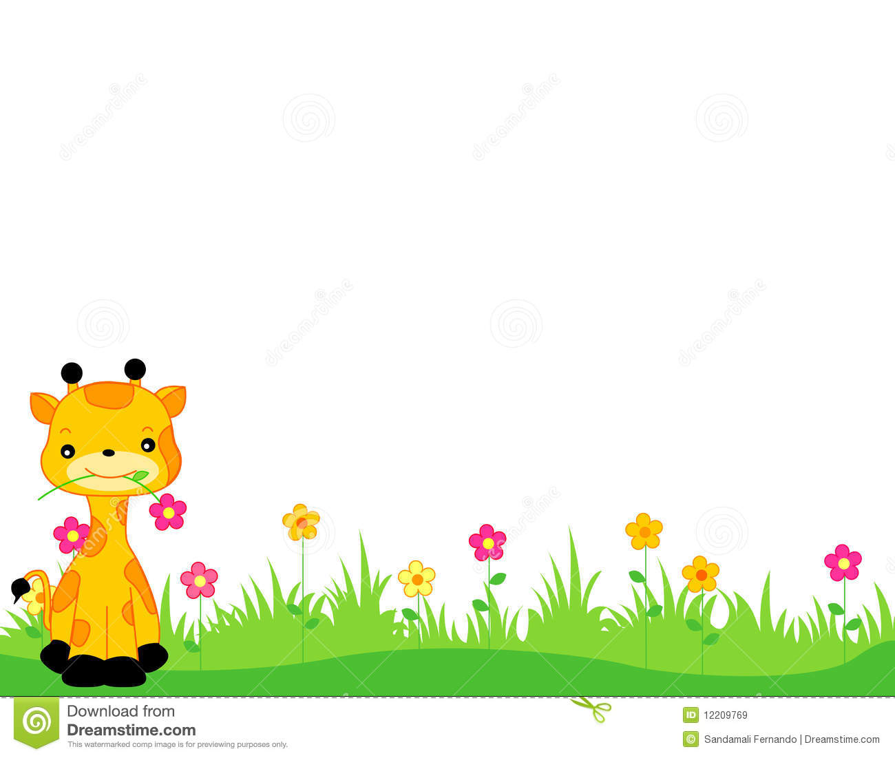 Cute Giraffe With A Flower On Its Mouth Sitting On Grass Web Page