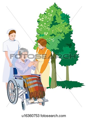 Nurse Who Push A Wheel Chair And Helper Who Talked To Grandmather View    