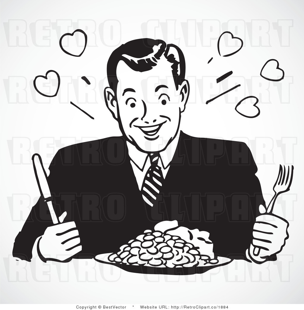 Royalty Free Black And White Retro Vector Clip Art Of A Hungry Man