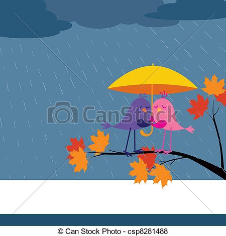 Vector Of Come Rain Or Shine   A Couple Of Birds Under Umbrella In