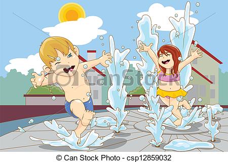 Vector   Playing In Water Fountain   Stock Illustration Royalty Free