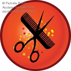 Clip Art Illustration Of A Pair Of Scissors And A Comb On A Button