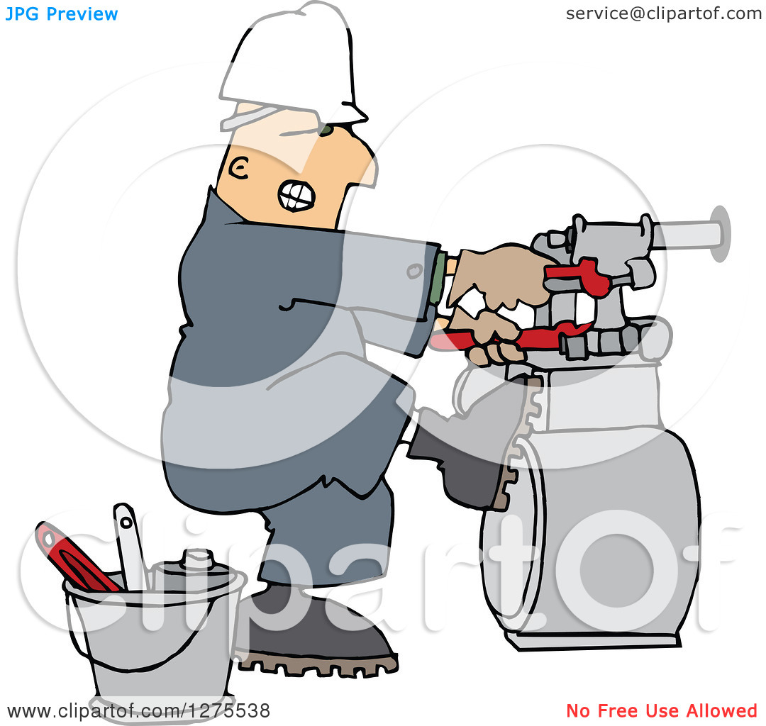 Clipart Of A Caucasian Gas Meter Man Struggling With A Double Wrench    