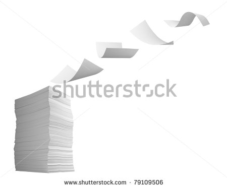 Close Up Of Flying Paper And Stack Of Papers On White Background Stock