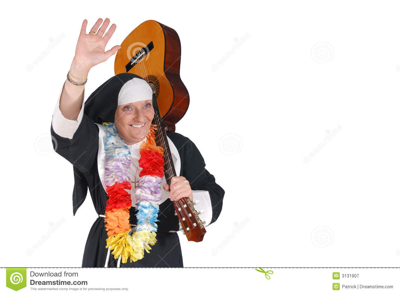 Middle Aged Sister Nun Going On Vacation With Guitar  Raised Hand As
