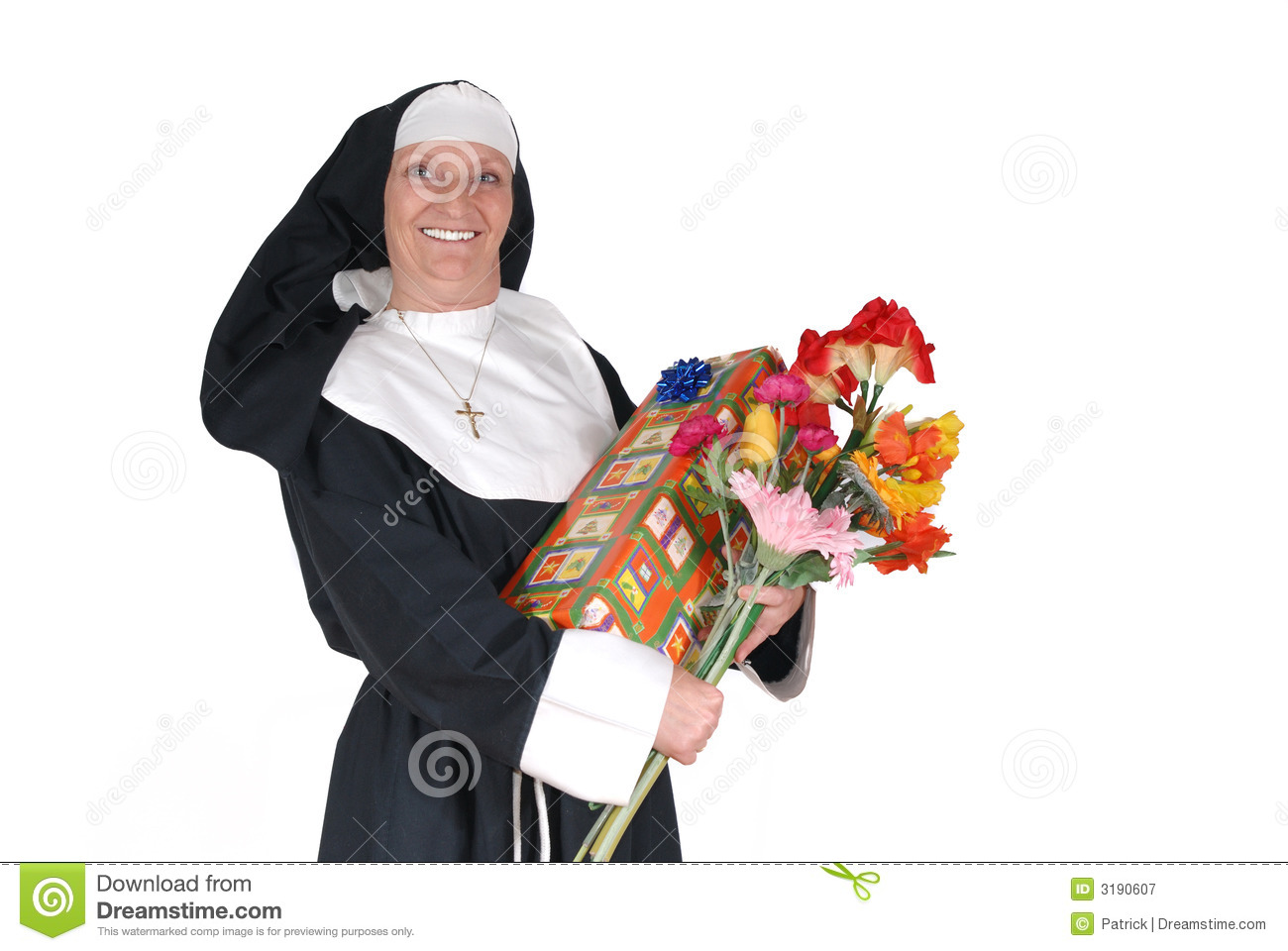 Middle Aged Sister Nun With Birthday Present And Flowers  Happy
