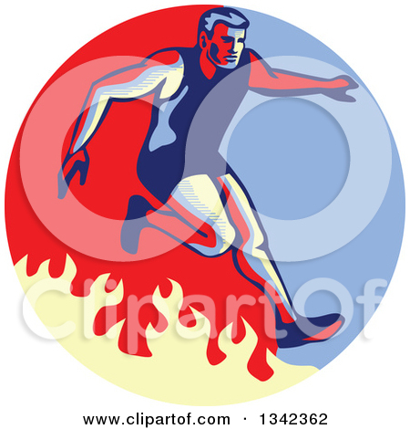 Over A Fire In An Obstacle Race Inside A Blue Red And Tan Circle