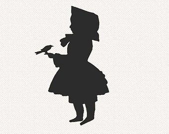 Silhouette Clipart Of Little Girl I N Bonnet With Bird   Instant    