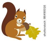 Squirrel With Acorn And Oak Leaf On White Background