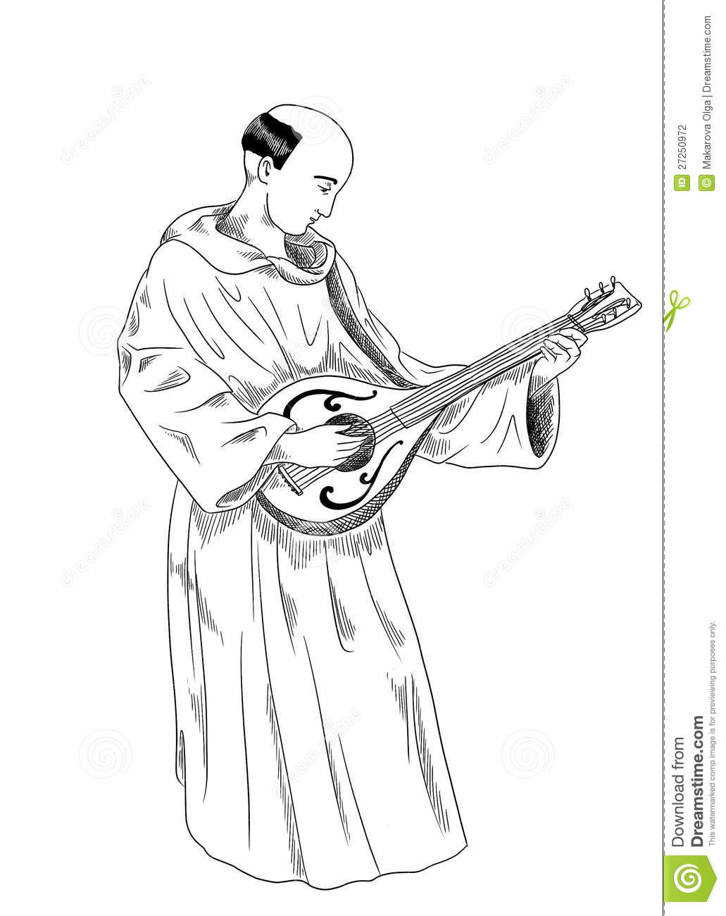 Medieval Monk Playing Lute  Line Art Drawing Isolated On White