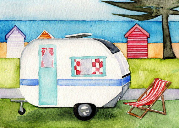 Retro Caravan Beach Art Print Watercolour By Emmaallardsmith