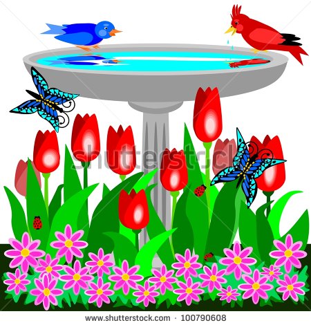 Birdbath And Tulips  Illustration Of A Birdbath In The Garden And