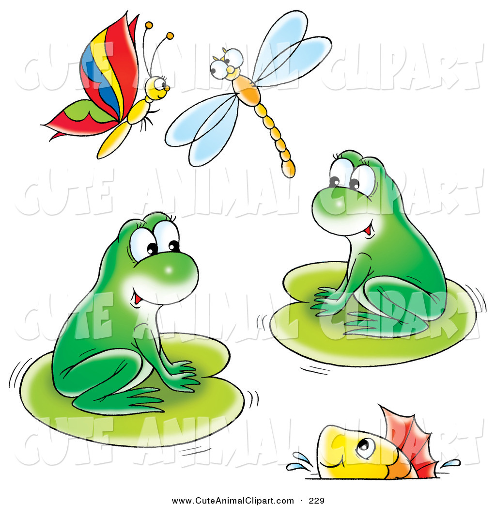 Clip Art Of A Couple Of Cute Green Frogs On Lily Pads With A Fish