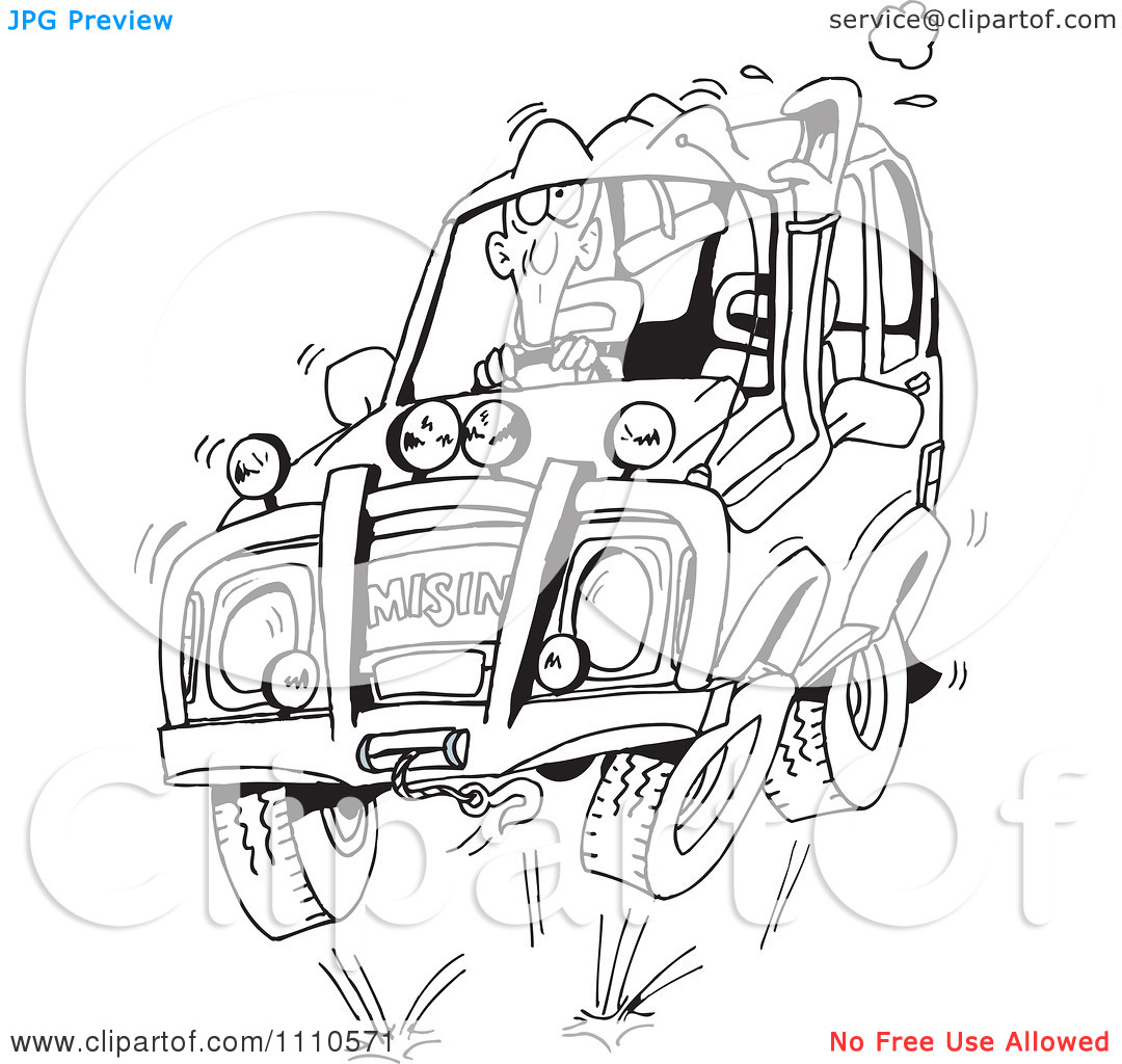 Clipart Black And White Man Four Wheeling In His Suv   Royalty Free