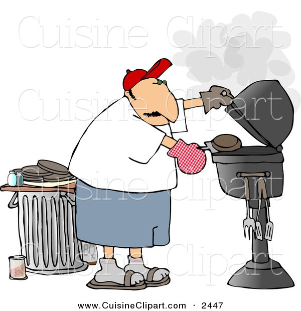Clipart Of A Caucasian Man Putting A Hamburger On A Barbecue  Bbq