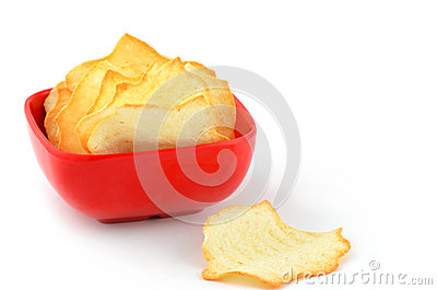 Healthy Low Fat Baked Potato Chips In Square Red Bowl Single Serving