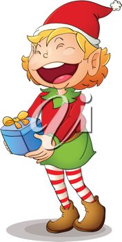 Picture Of A Girl Elf With A Giant Smile Holding A Christmas Gift In A