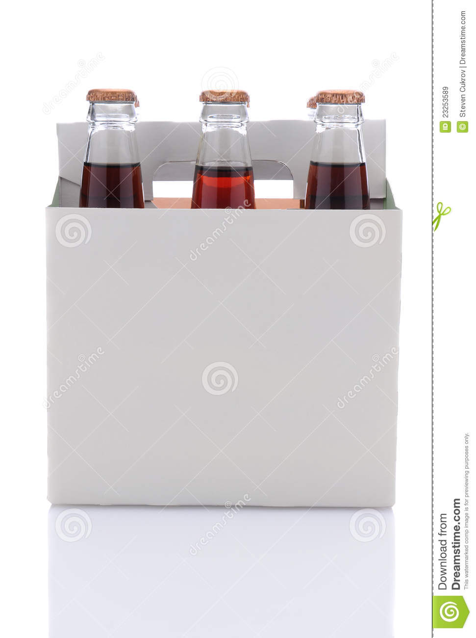 Side View Of A Six Pack Of Cola Soda Bottles Over A White Background    
