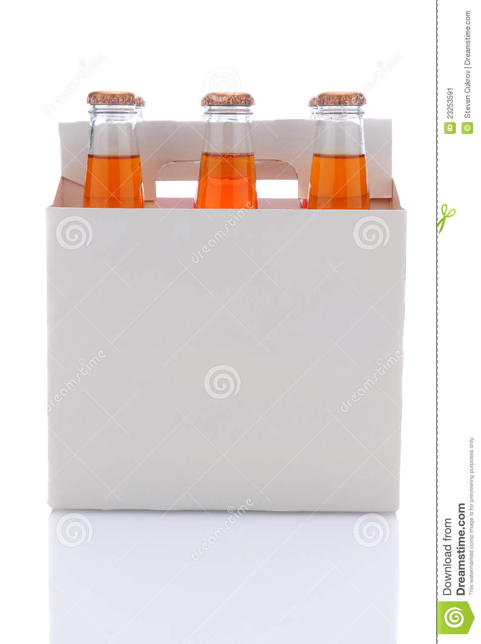 Side View Of A Six Pack Of Orange Soda Bottles Over A White Background