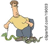 Clipart Illustration Of A Silly Man Walking Two Green Pet Snakes On