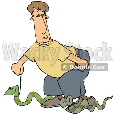 Clipart Illustration Of A Silly Man Walking Two Green Pet Snakes On