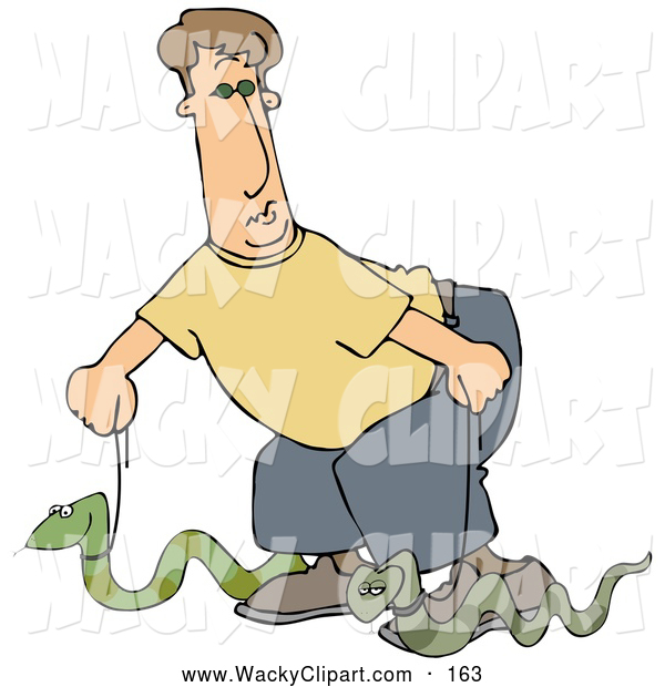 Clipart Of A Caucasian Silly Man Walking Two Green Pet Snakes On