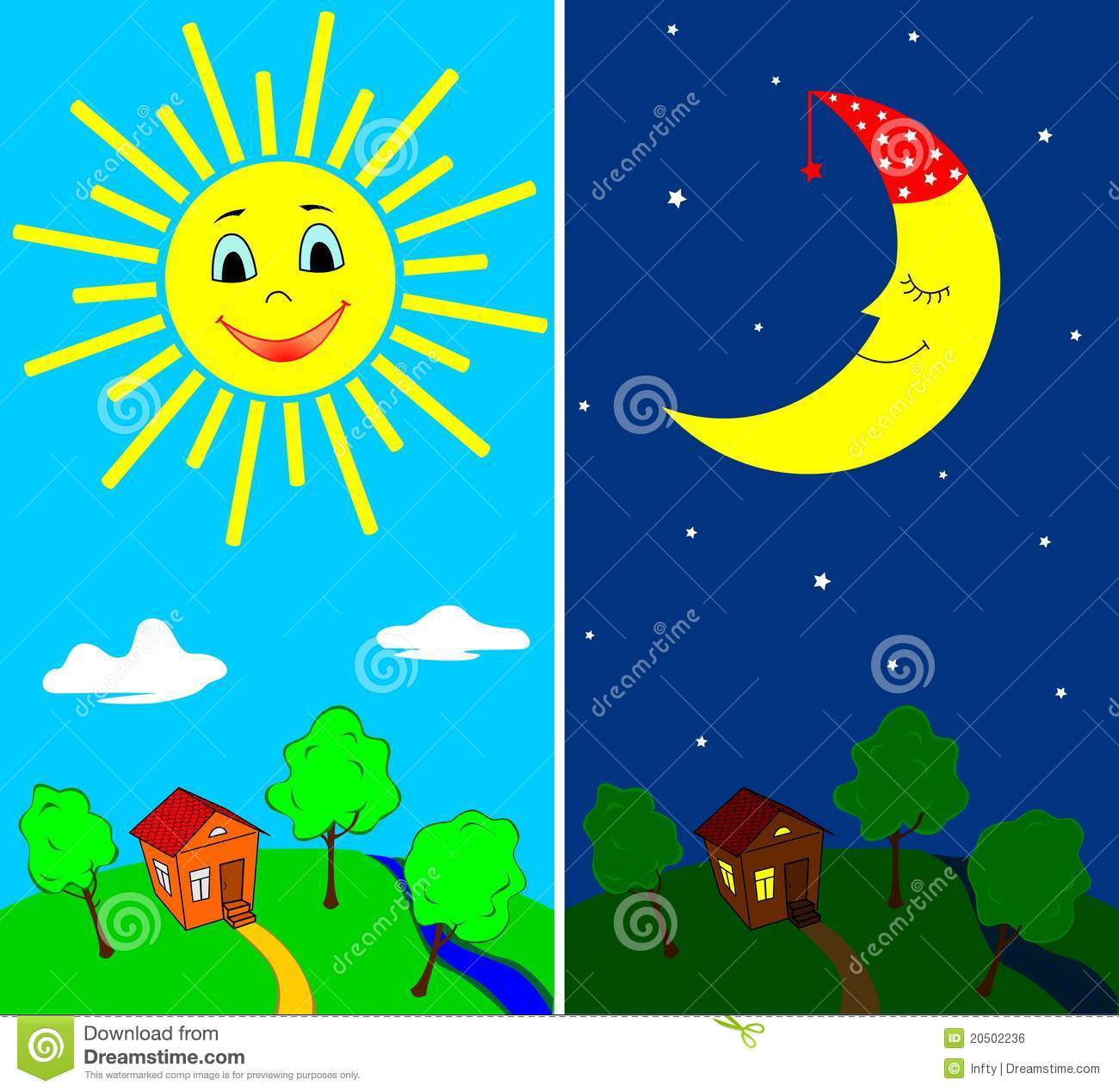 Countryside View In The Daytime And Nighttime With The Sun And The