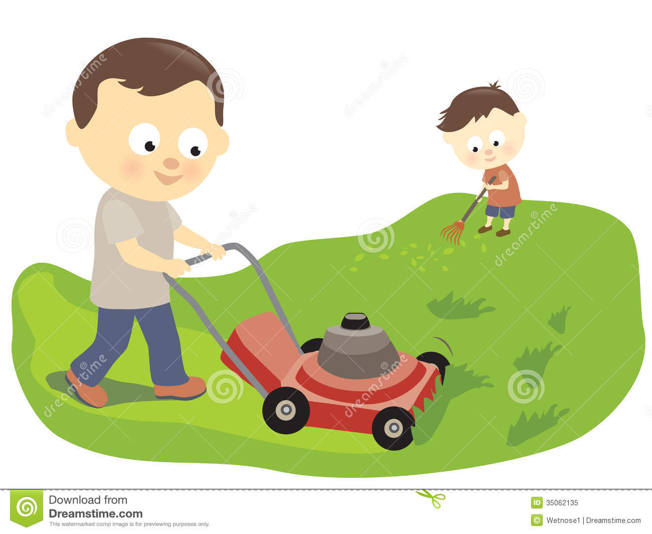 Father And Son Mowing And Raking Royalty Free Stock Photo   Image