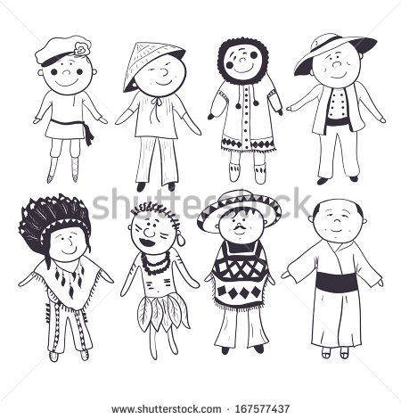 Cartoon Children In Different Traditional Costumes Black White Sketch