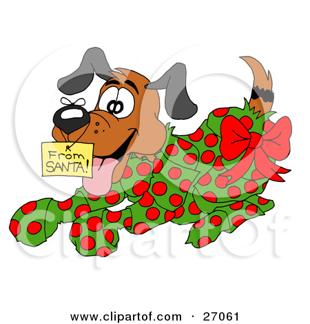 Clipart Illustration Of An Excited Puppy Wrapped In Green And Red