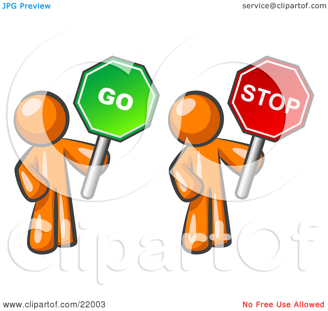 Clipart Picture Illustration Of Orange Men Holding Red And Green Stop