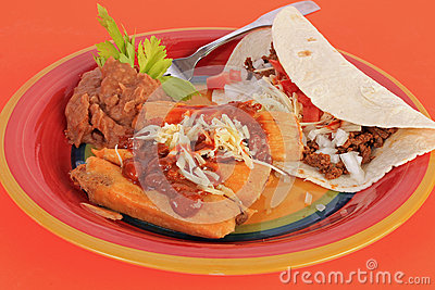 Closeup Of Pork Tamales On Colorful Plate With Soft Taco And Refried