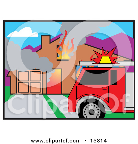 Fire Truck In Front Of A Burning House Clipart Illustration By Andy