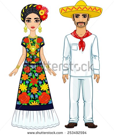 Mexican Family In Traditional Clothes  Isolated On A White Background